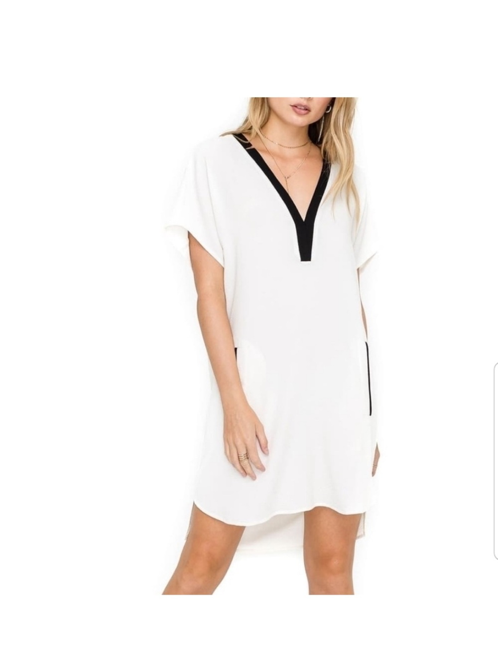 ASTR The Label Womens Ivory White V Neck Short Sleeve Tunic Mini Dress Sz S